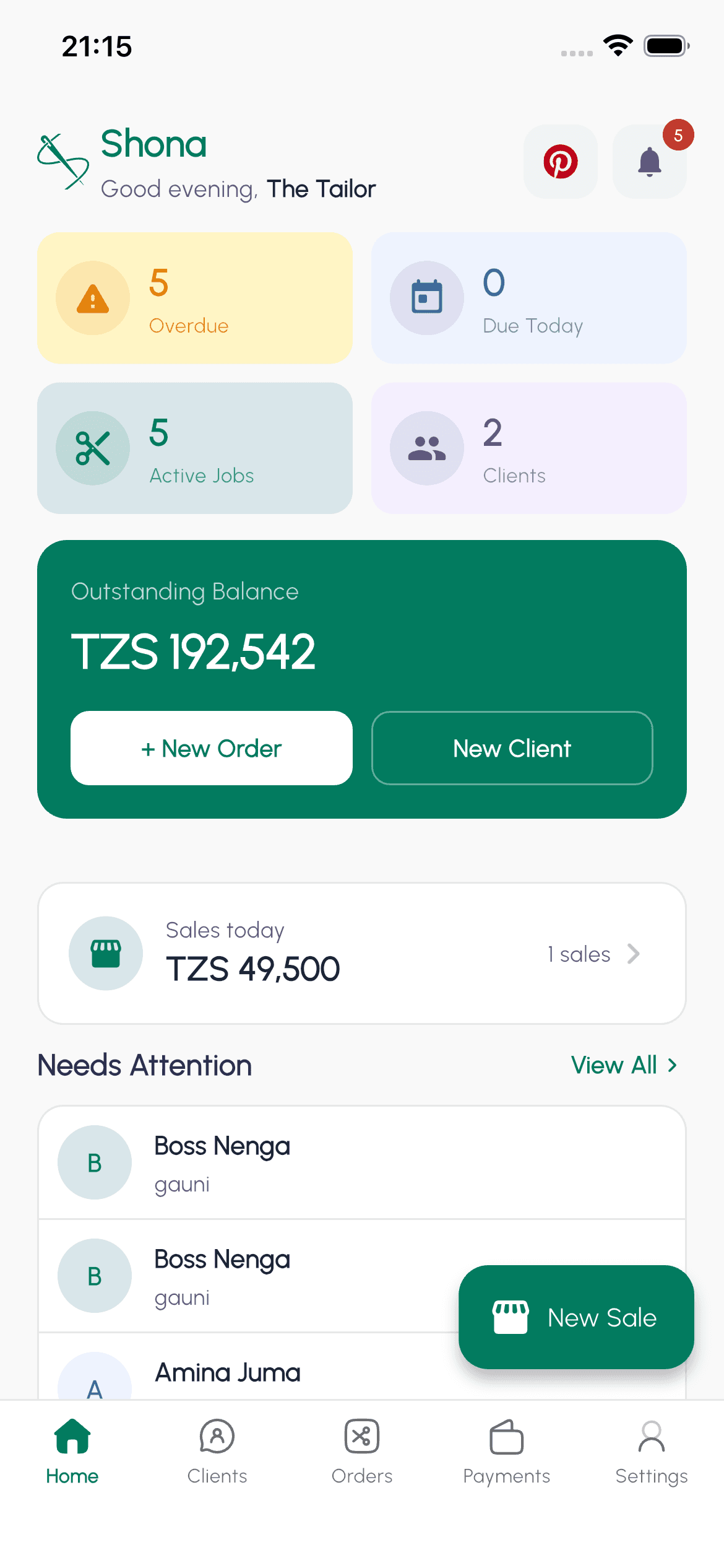 Shona app home screen showing overdue jobs, active orders, outstanding balance and today's sales